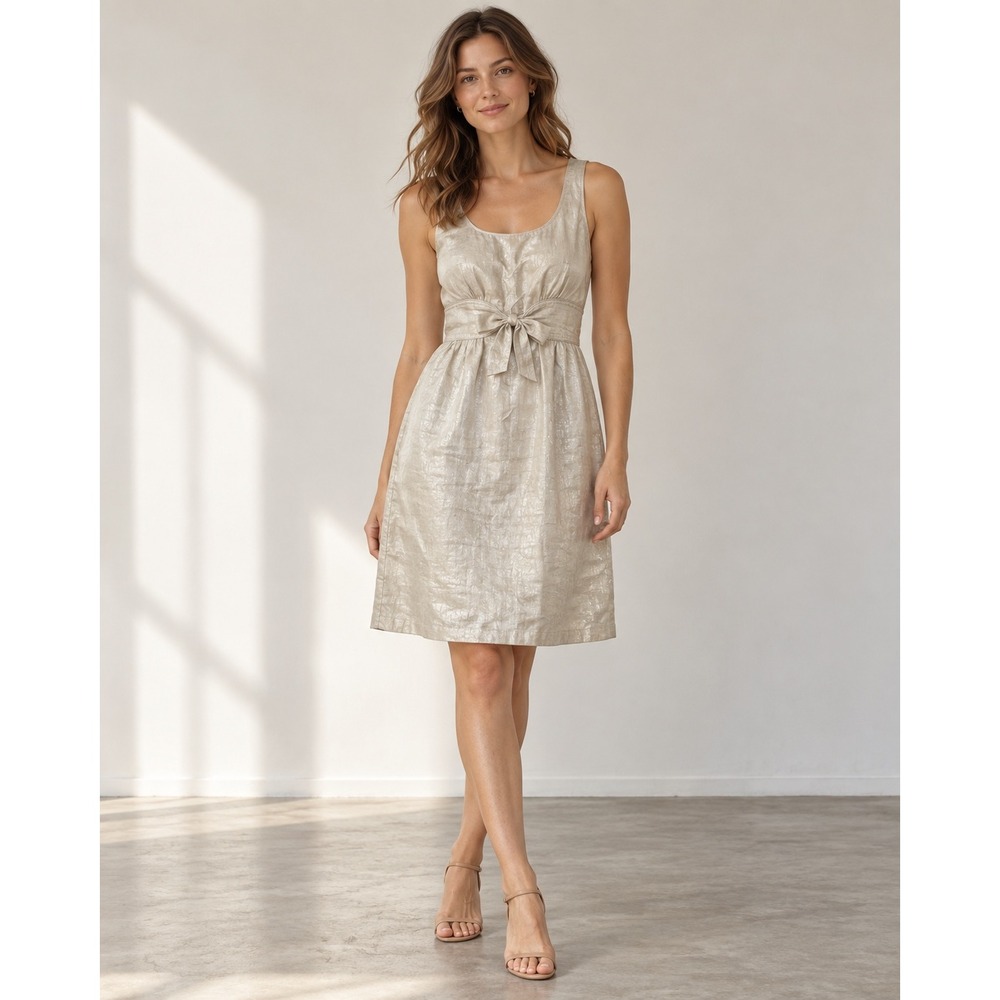 J.Crew Linen Dress Women 10 Champagne Metallic Bow Empire Waist Quiet Luxury